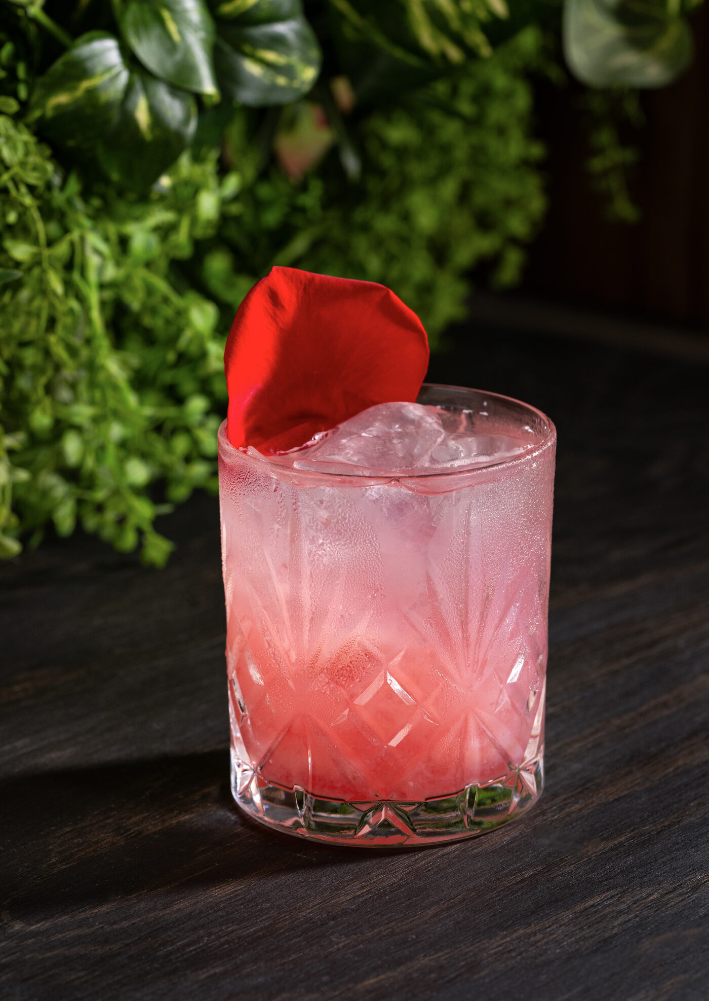 Roses Are Red cocktail in cut crystal, garnished with a single red rose petal