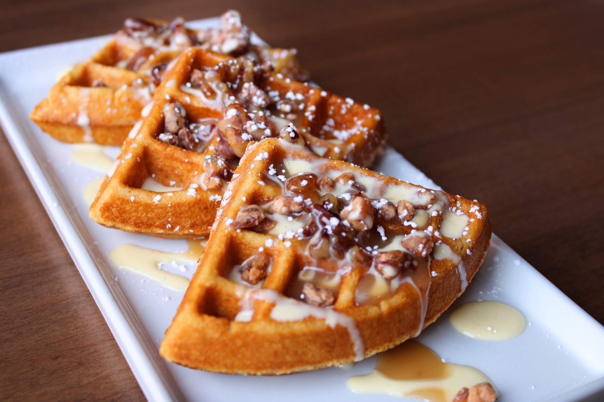 La Cave brown sugar pecan waffle with candied pecans and brown sugar glaze