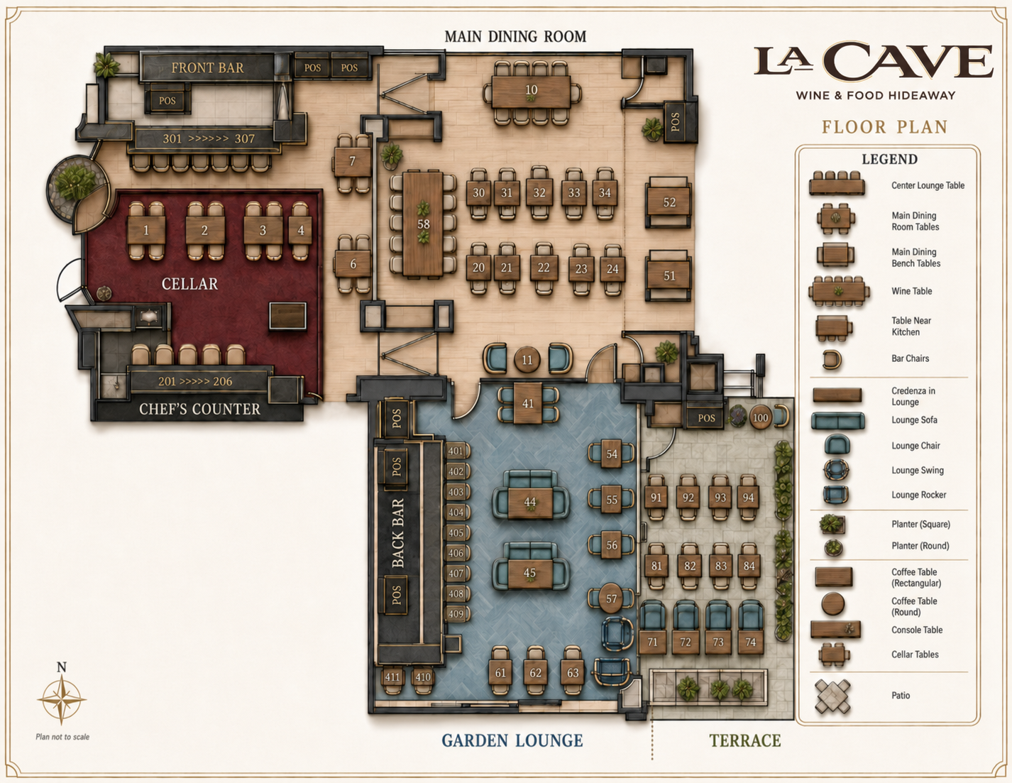 La Cave floor plan — the Cellar, Main Dining Room, Garden Lounge, and Terrace at Wynn Las Vegas