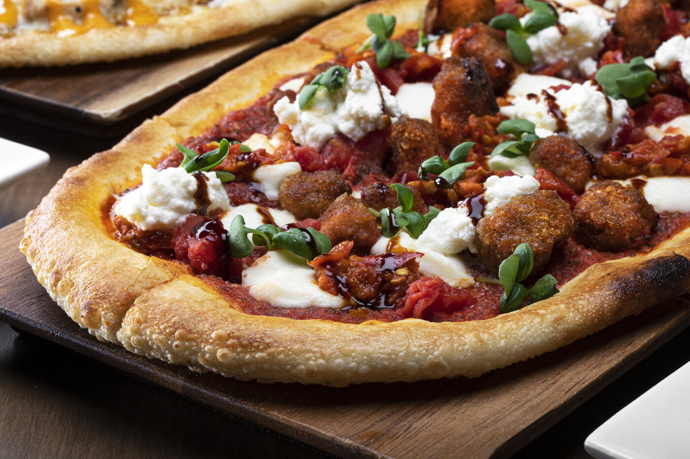 Wood-fired flatbread with crispy eggplant, ricotta, basil and balsamic